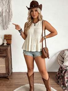 LanaWest CURVE Tank Top Kasual Tanpa Lengan Ukuran Besar Warna Polos Leher Bulat dengan Hem Berkerut - Aprikot - View 7