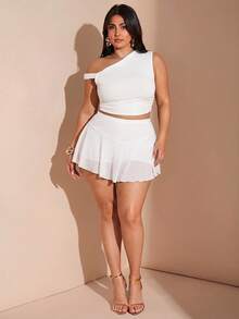 SHEIN BAE Set de 2 piezas para mujer de talla grande con top asimétrico con cuello verde oliva y volantes, y falda ajustada con volantes, conjunto para vacaciones - Blanco - Ver 6