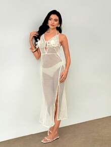 SHEIN Women's Sexy Beige Mesh Sheer Camisole Dress, Beach Party Cover Up For Swimsuit, Vacation Wear Summer - Beige - View 3