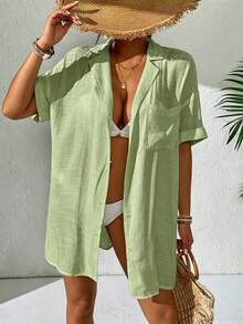 Swim Vcay Women's Simple Solid Color Front Button Short Sleeve Kimono Cover Up, Suitable For Summer Vacation - Olive Green - View 4