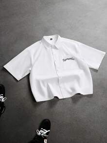 SLATEMANN Camisa casual de manga corta con estampado de letras y de una sola hilera de botones para hombre - Blanco - Ver 4