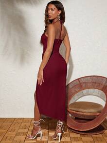 Travachic Backless Halter Neck Side Slit Vacation Dress For Women,Dresses For Women Summer - Burgundy - View 2