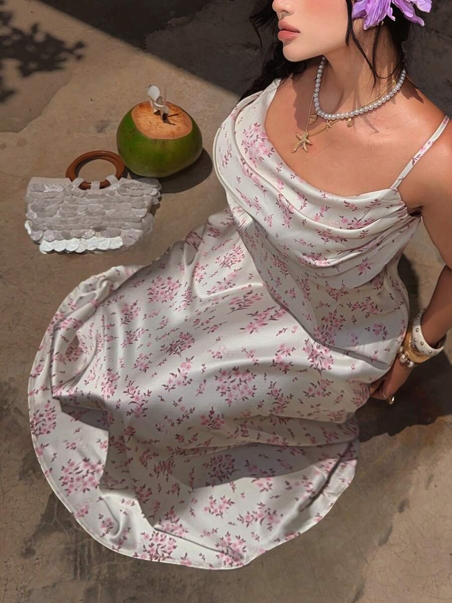 Sunnyshic Vestido elegante de satén con estampado floral para mujer, adecuado para la oficina, uso casual, vacaciones, té romántico, fiesta en la playa, espalda descubierta, corte evasé, longitud larga - Rosa - Ver 1
