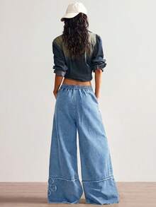 Bohemela Plus Size Women Casual Vacation & Commute Distressed Floral Print Drawstring Waist Loose Wide Leg Jeans - Light Wash - View 2