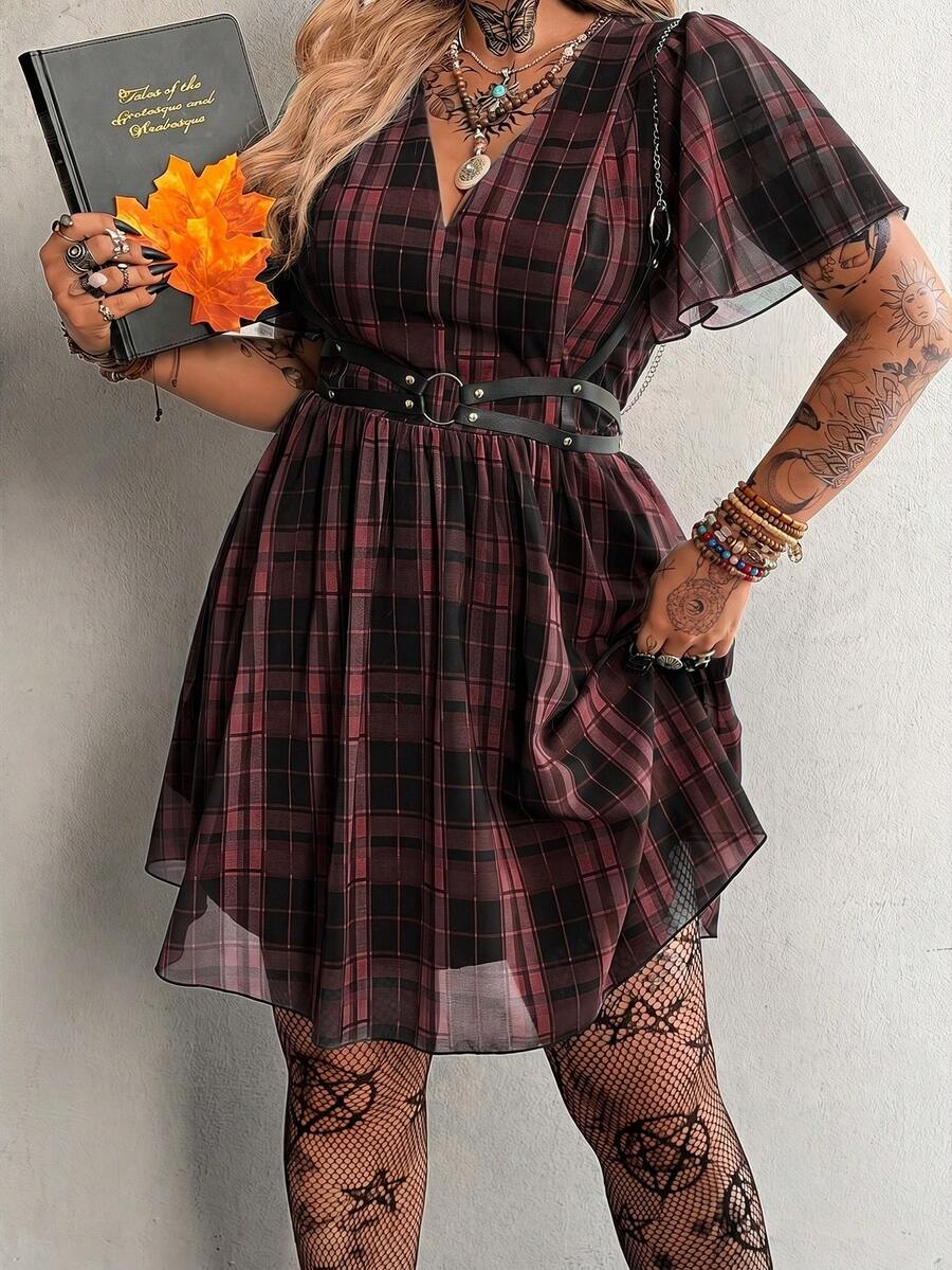 Whyspr Plus Size Spring/Summer Punk Style Plaid Dress - Multicolor - View 1