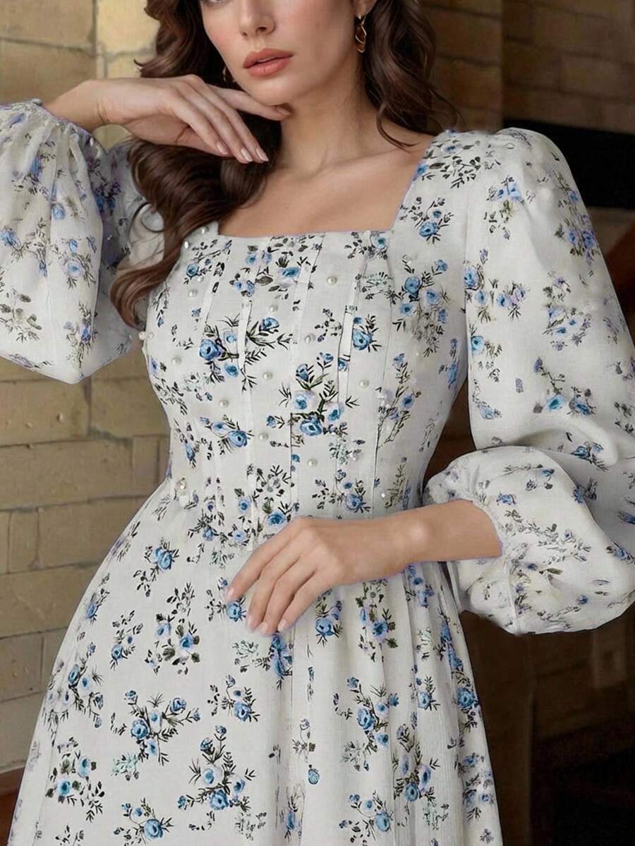 Modelyn New Pleated Textured Fabric Ditsy Floral Romantic Vacation Cinched Waist Versatile Party Dress,Dresses For Women Summer - Blue - View 1