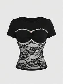SHEIN Áo thun ren đen nữ kiểu dáng thường ngày - màu đen - Xem 1