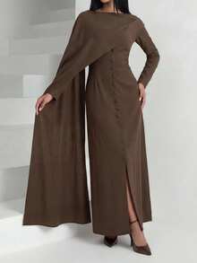 Solavon Vestido Elegante de Manga Longa com Design Camadas e Abotoamento Simples para Mulheres - Café - Visão 3
