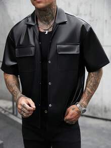 SLATEMANN Men's Summer Casual Fashion Street PU Leather Short Sleeve Flap Pocket Cargo Shirt - Black - View 3