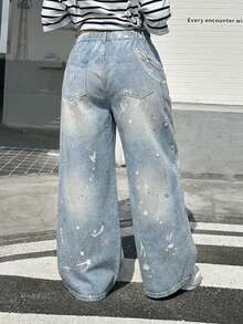 Muchica Plus Size Women's Chain Print Pocket Distressed Wide Leg Jeans - Blue - View 2