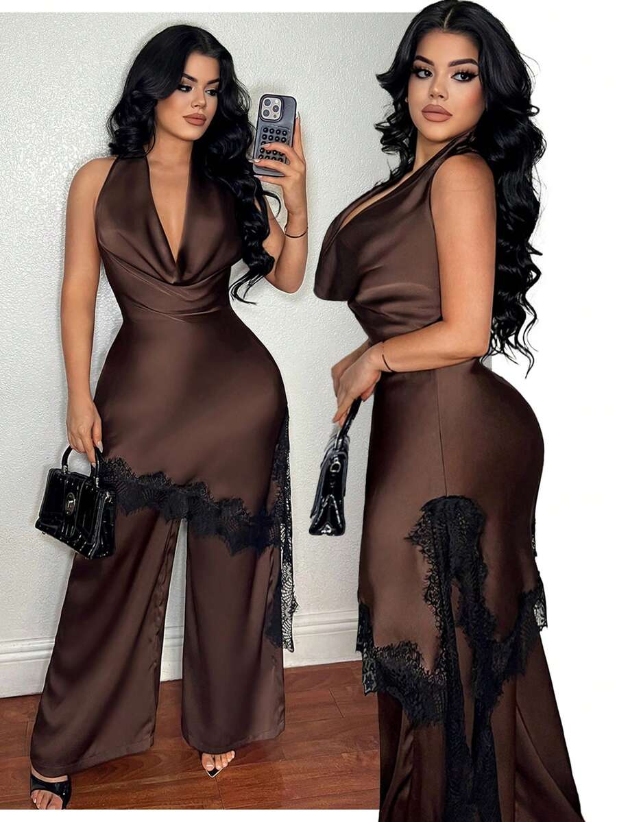 Sexy Lace Patchwork Cowl Neck Backless Halter Top And Pants Set
