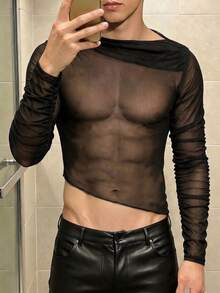 Manfinity Dauomo Festival Y2K Sheer Mesh Long-Sleeve Top Rave - Black - View 1