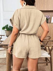 Weeklong Plus Size Women Cinched Waist Short Sleeve Jumpsuit, Casual Vacation Outfit - Apricot - View 2