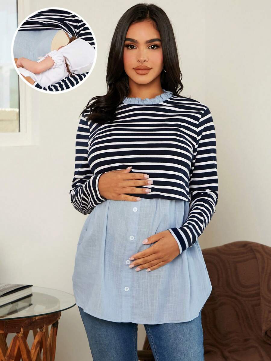 MaterniWear Maternity Striped Print 2 In 1 Nursing Top With Long Sleeve - Navy Blue - View 1