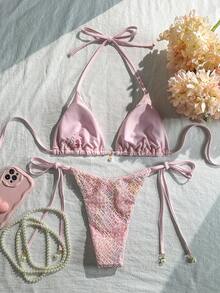 Costavie 2 piezas Conjunto de bikini halter con textura y cuentas florales, azul, para vacaciones de primavera/verano en la playa - Multicolor 2 - Ver 2
