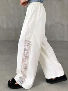 FRIFUL Women's Elastic Waist Side Lace Patchwork Loose Wide Leg Floor Length Solid Color Pants - White - View 1