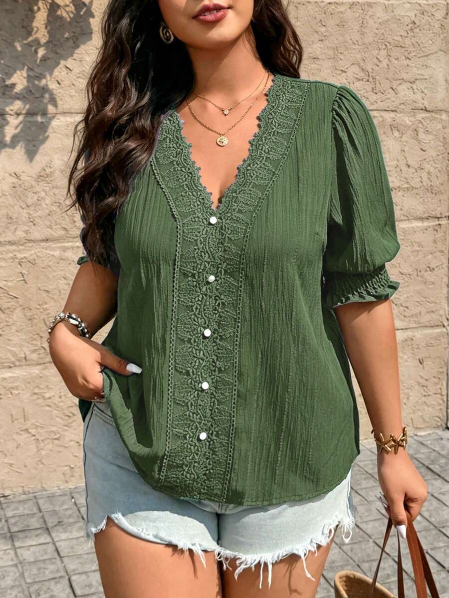 Breezaya Casual Fashionable Elegant Versatile V-Neck Lace Patchwork Button Down Half Sleeve Plus Size Women Blouse - Army Green - View 1