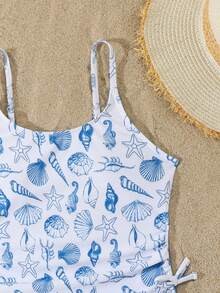 SHEIN Teen Girl New Summer Beach Style Blue Shell Print One-Piece Swimsuit - Blue - View 5