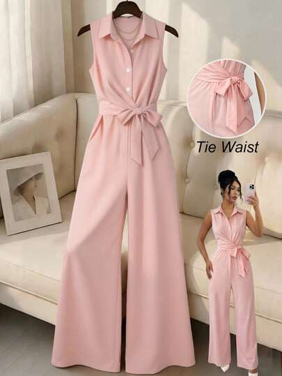 SHEIN Franclia Women's Summer French Elegant Pink Shirt Collar Sleeveless Tie Front Tie Waist Wrap Jumpsuit With Wide Leg Pants, Pink Jumpsuits Shirt Jumpsuits Sleeveless Jumpsuits Bow Decor Jumpsuits Perfect For Workplace,Mother's Day Party,Anniversary Business Attire,Music Festivals,Beach Vacations,And Daily Commute,Weekend Picnic,Casual Outing With Friends,Parties,Dates,Dinner,Fresh And Cute Style,Daily Commute Chic Outfit,Spring/Summer Outfits Beach Outfits,Party Outfits,Birthday Dress,Commuter Outfits