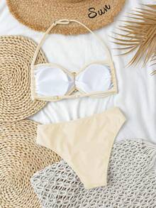 SHEIN Summer New Teen Girl Swimwear Set, Minimalist Personalized Versatile Bikini Two Pieces, Beach Pool Casual Holiday, Spring/Summer - Apricot - View 2