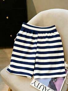 Franclia Quần short nữ kẻ sọc, cạp chun, thêu hình quả chanh, có túi, kiểu dáng thường ngày. - Màu xanh hải quân - Xem 2
