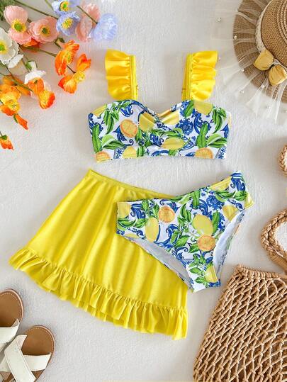 SHEIN Bộ bikini và váy che ngoài in hình chanh cho bé gái, thích hợp cho kỳ nghỉ hè ở bãi biển.