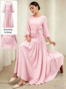 Graceveil Vestido largo con cuello redondo, mangas acampanadas y dobladillo con lazo, color rosa - Rosa - Ver 1