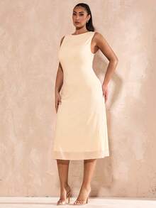 SHEIN BAE Đầm dệt kim dáng chữ A dài ngang gối màu đen lưới thanh lịch dành cho nữ cỡ lớn, phù hợp cho lễ tốt nghiệp, đám cưới, phong cách Pháp, dạ hội, tiệc sinh nhật, phù dâu, đầm mặc hàng ngày thanh lịch tối giản, đầm cưới, đầm phù dâu, đầm dự tiệc cocktail. - Màu be - Xem 6