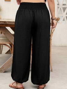 EMERY ROSE Plus Size Women Casual Vacation Elastic Waist Pleated Pants Fall - Black - View 2