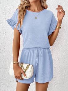 SHEIN Essnce 2pcs Women Short Sleeve Top & Elastic Waist Shorts Set,Summer Outfits For Women - Blue - View 5