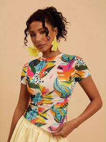 Travachic Nueva blusa casual de manga corta con estampado, ajustada y de malla transparente con plisados, adecuada para vacaciones/ocio y diversas ocasiones relajadas, Primavera/Verano 2026 - Multicolor - Ver 5