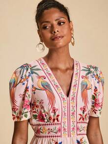 Travachic Women's Summer Tropical Print Vacation Romper With Puff Sleeves - Pink - View 3