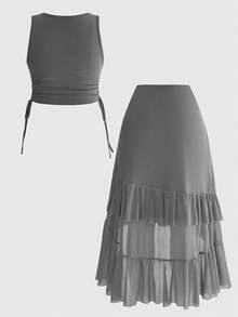 ROMWE Plus Size Hippie Vintage Boho Music Festival Embroidered Sunflower Tank Top Asymmetrical Ruffle Hem Skirt 2 Pieces Set Beach Vacation White Green - Grey - View 2