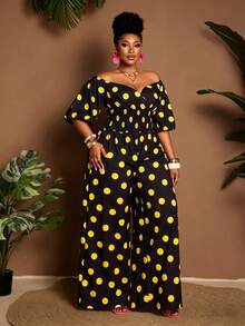 Maweii Plus Size Off Shoulder Polka Dot Drawstring Waist Short Sleeve Jumpsuit - Multicolor - View 2