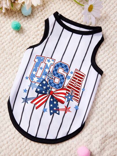 PETSIN 1 chiếc áo tank top cho thú cưng in hình nơ đỏ xanh trắng, ngôi sao Mỹ, chữ cái, họa tiết dọc đen trắng, chất liệu mềm mại, thoáng khí, chống rụng lông.
