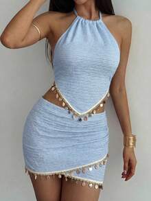 Aloruh Women's Shell Decor Lace-Up Backless Halter Top + Asymmetric Hem Skirt Set,Vacation Outfits Women - Baby Blue - View 5