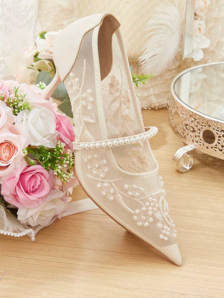CUCCOO HITCHD Women Shoes Spring And Summer Breathable Mesh Embroidery Pearl Decoration Pointed Toe Thin Heel Middle Heel Fairy Low Vamp Solid Color Women's High Heel Shoes Banquet Dating Daily Wear Bridesmaid Shoes Wedding Shoes Dress Versatile French Niche Design Temperament