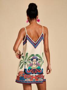 Travachic Frida Kahlo X SHEIN Women's Casual Tropical Figure Print Spaghetti Strap Mini Dress, Suitable For Spring/Summer, Vacation, Island - Multicolor - View 2