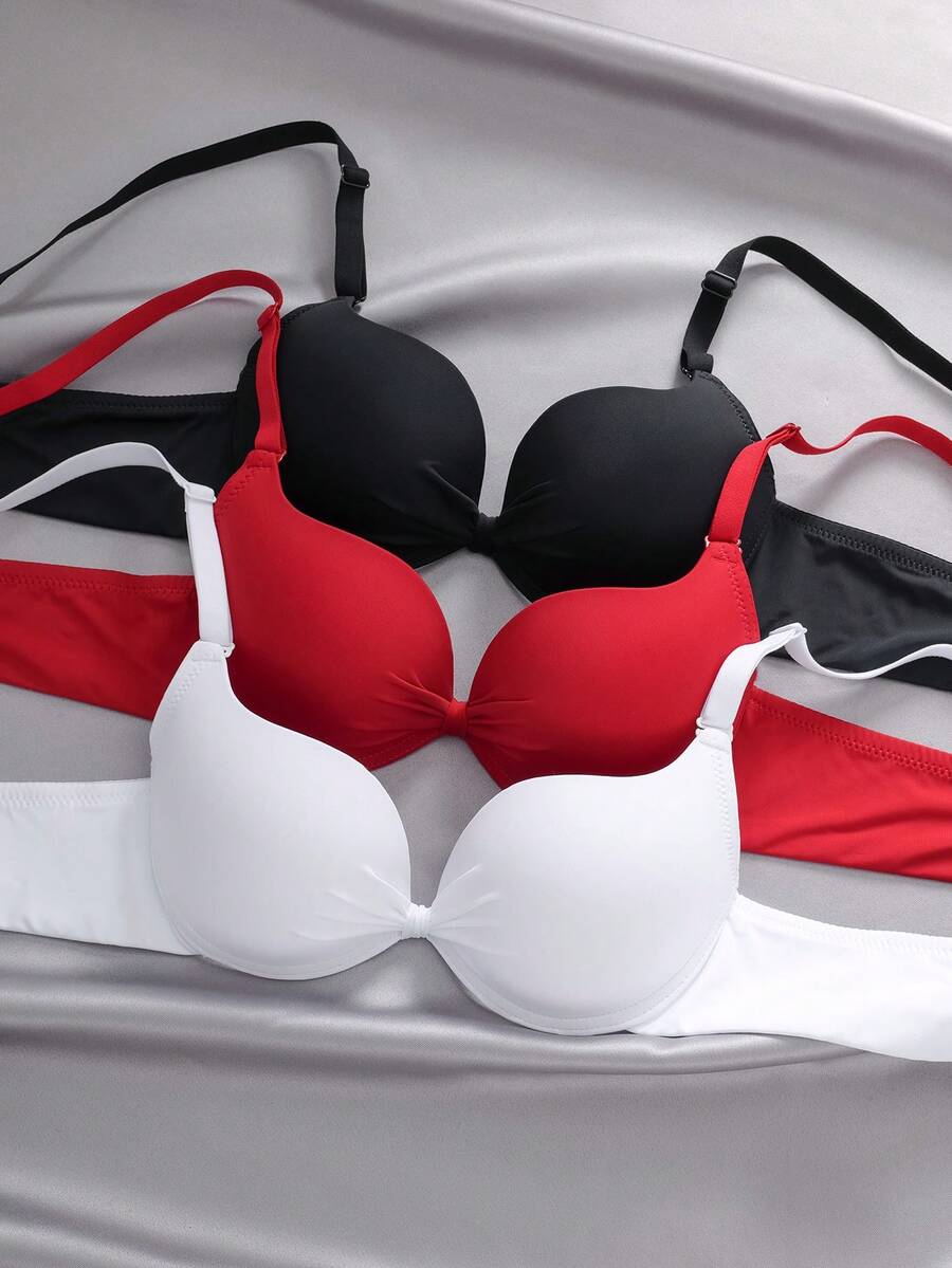 EmpressEnvy 3pcs Solid Color Underwire Padded Full Coverage Seamless Bras