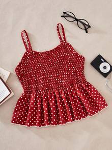 SHEIN Áo hai dây không tay in họa tiết chấm bi cho bé gái, kiểu dáng ôm sát, phong cách đồng quê ngọt ngào, thích hợp mặc hàng ngày và đi nghỉ mát vào mùa xuân/hè. - Đỏ - Xem 3