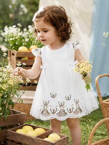 Souflis Souflis Baby Girl Round Neck Bow Decor Butterfly Pattern Casual Party Dress - White - View 8