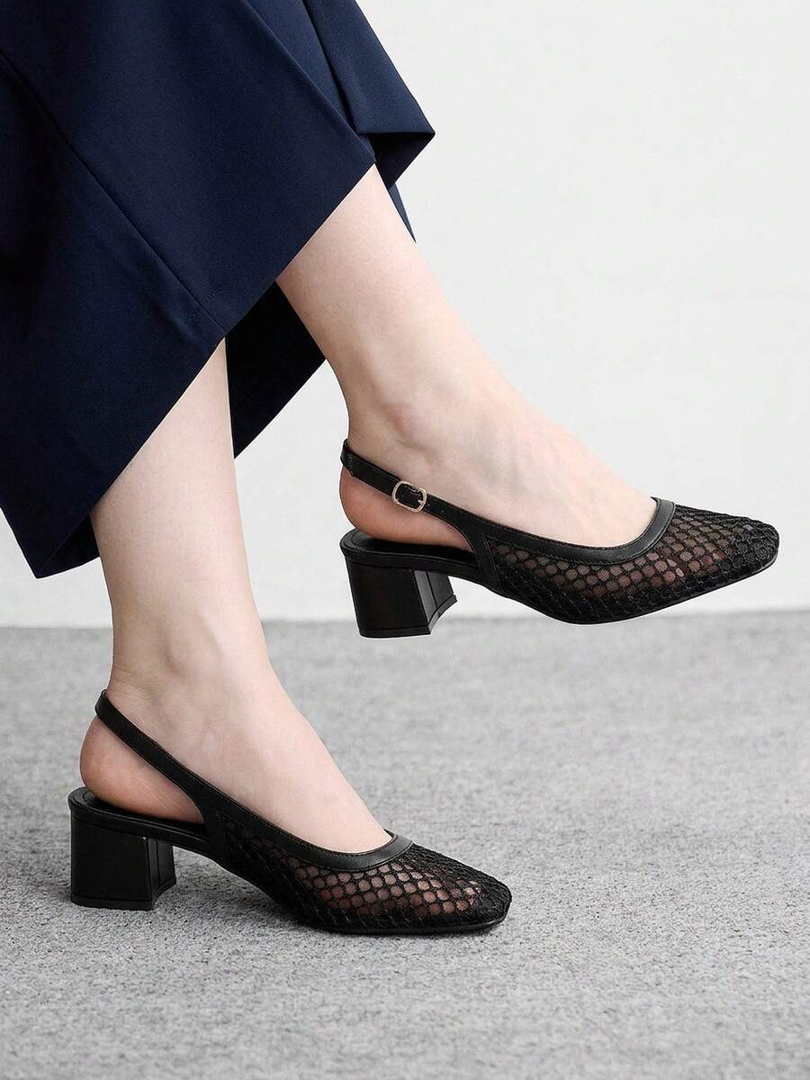 CUCCOO BIZCHIC 女士时尚高跟鞋,搭扣粗跟网纱鞋面,全球四季通勤,优雅百搭,适合节日度假、办公室户外日常穿着 - 亮黑 - 查看 1