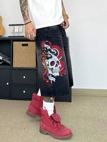 STEELVANCE 復古大尺寸街頭風休閒寬鬆直筒貓鬍鬚刺繡設計牛仔短褲，深灰色，適合夏季日常穿搭 - 黑色 - 查看 7