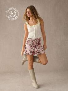 WESTFADE Scalloped Button Front Floral Print Denim Mini Skirt - Multicolor - View 1