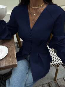Siren Gaze Women's Casual, Vacation, Daily, Workplace Commute Simple Solid Color Lantern Sleeve Cinched Waist Blouse, Spring/Autumn Elegant - Navy Blue - View 5
