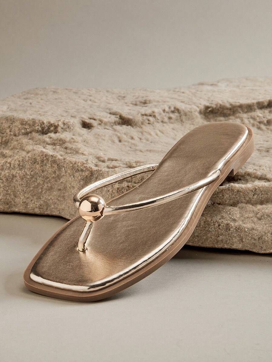 SHUZIA Women's Casual Ball Ornament Thong Strap Flip Flop Flat Sandals - Gold - View 1
