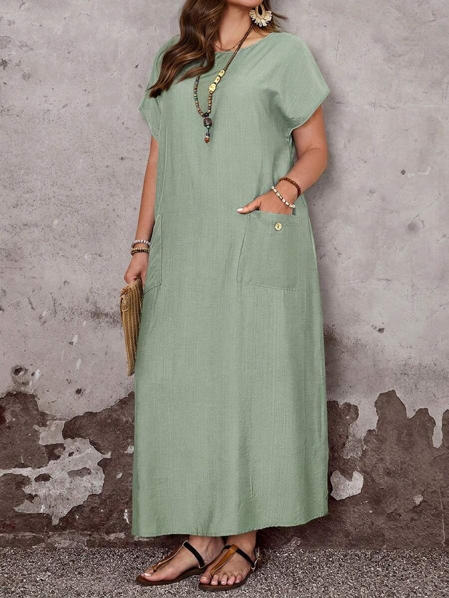 EMERY ROSE Plus Size Women's Sage Green Summer Boho Vacation Dress,Round Neck Short Sleeve Loose Fit Flowy Long Dress With Pockets,Casual Spring Holiday Outfits - Mint Green - View 1