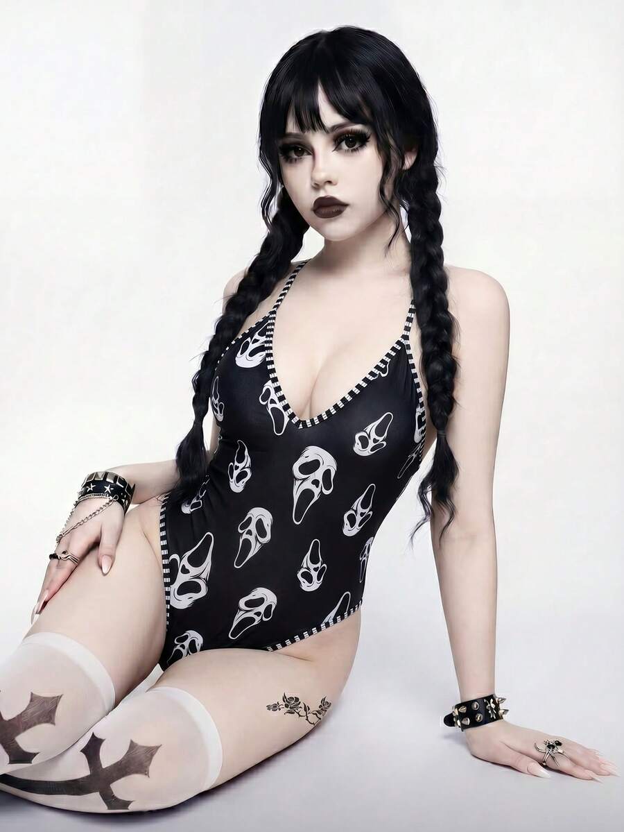 ROMWE Goth 26SS 哥特骷髅头V领连体泳衣，女士，春夏款 - 黑與白 - 查看 1