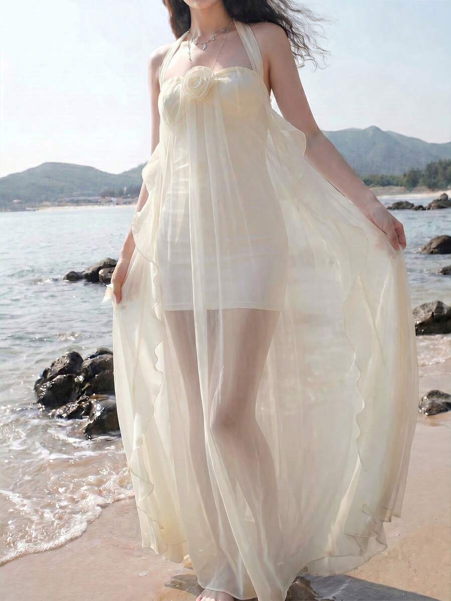 Firerie 女士优雅浪漫精致度假婚礼宾客约会派对舞会礼服薄纱荷叶边无肩带连衣裙，杏色，春夏 - 杏色 - 查看 1