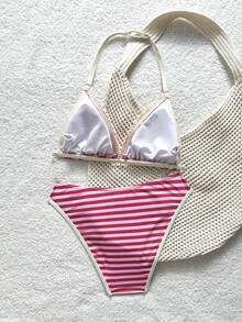 SHEIN Teen Girls Pink Summer Beach Holiday Spaghetti Strap Bikini Set,Contrast Color Two Pieces Bathing Suits,Minimalist Striped Swimwears Outfit - Hot Pink - View 2